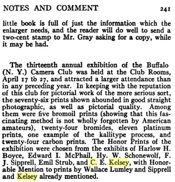 C. E. Kelsey mentioned in Buffalo (New York) Camera Club exhibition of April 1915